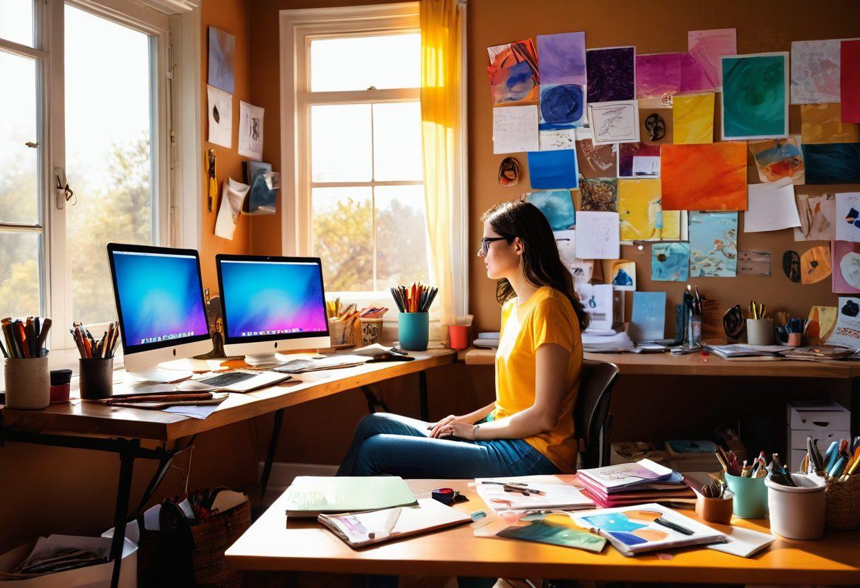 A person sitting at a colorful desk filled with art supplies, sketchbooks, and a laptop displaying a vibrant blog interface. Thought bubbles filled with creative ideas and strategies floating above. Sunlight streaming through a window, illuminating the scene with warmth and inspiration. Super-realistic. Vibrant colors. Artistic background.