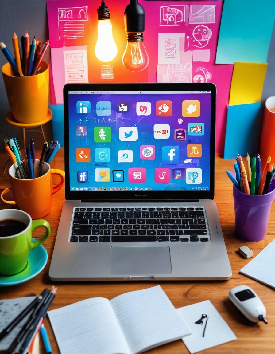 A vibrant workspace filled with creative tools: a laptop displaying colorful social media posts, sketchbooks with vivid illustrations, coffee cups, and a glowing light bulb symbolizing ideas. Include elements like a digital tablet, pen, and sticky notes scattered around, emphasizing a dynamic content creation environment. super-realistic. bright colors. artistic style.