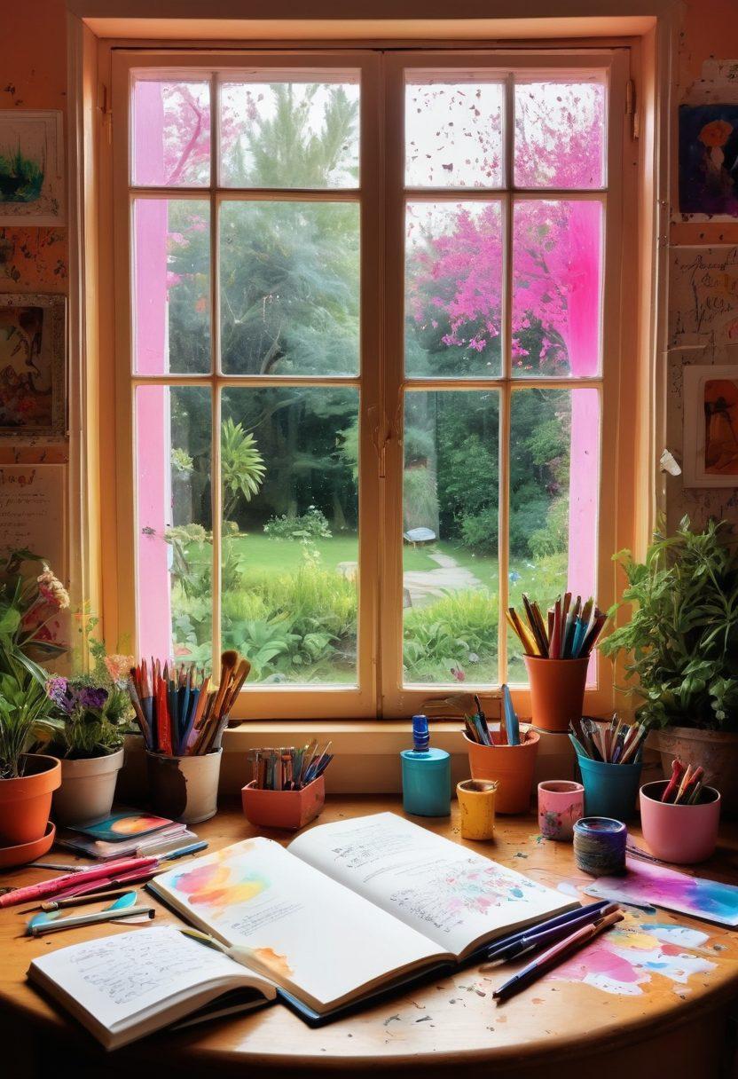 A whimsical and colorful workspace, featuring an open notebook filled with doodles and ideas, surrounded by vibrant paint splatters and creative tools like brushes and pens. A soft glow illuminates a lightbulb overhead, symbolizing inspiration, while creative quotes float in the air. The background showcases a beautiful garden view through a window, suggesting a serene environment for creativity. digital illustration. bright colors. whimsical style.